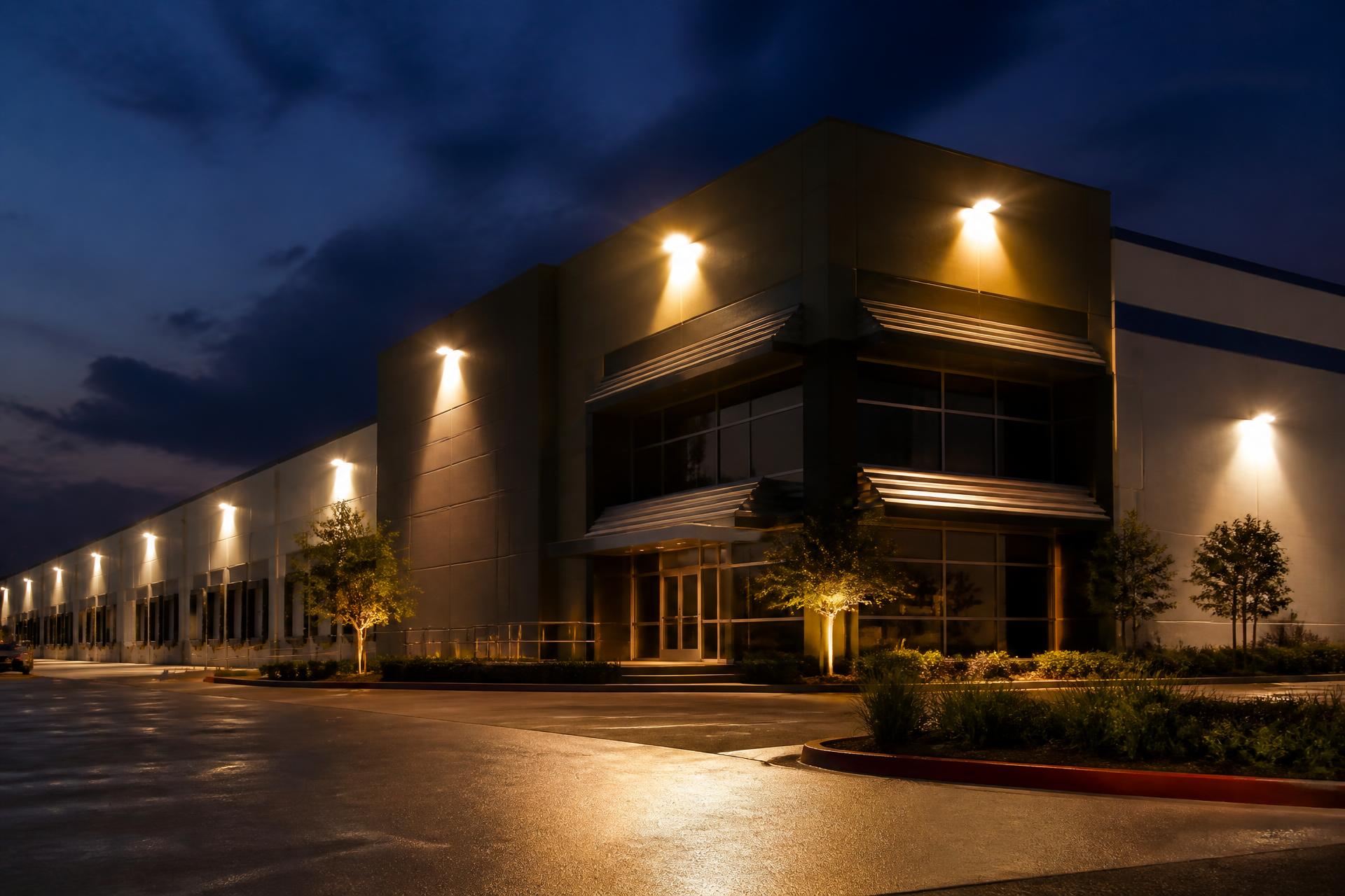 Fachada industrial iluminada por luminárias LED de alto desempenho ao anoitecer